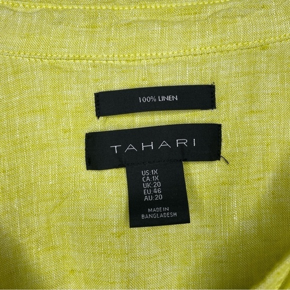 Tahari Lime Green 100% Linen Roll Tab Sleeve Tunic Size 1X V Neck Beach Boho - Picture 6 of 6